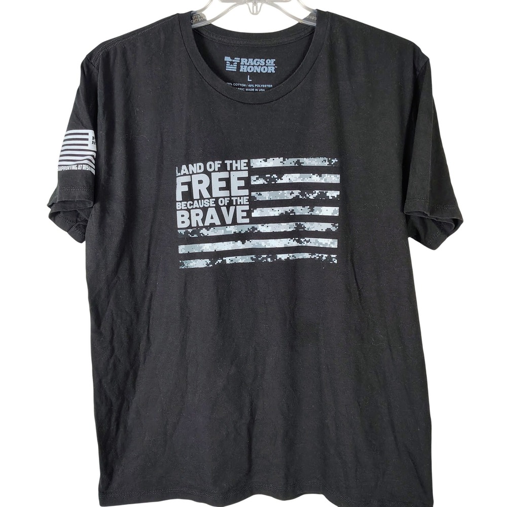 Rags of Honor Mens Black Land of the Free Graphic Tee Shirt Size L Camo Flag